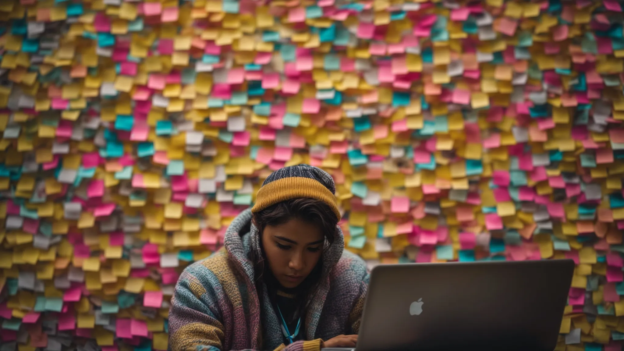 a close-up of a thoughtful individual surrounded by scattered colorful sticky notes and a laptop displaying search engine results.