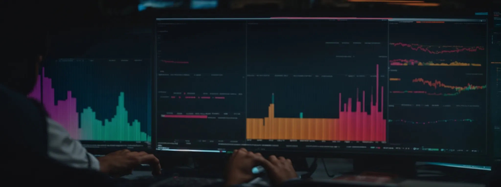 a digital marketer analyzes a colorful keyword data dashboard on a computer screen.