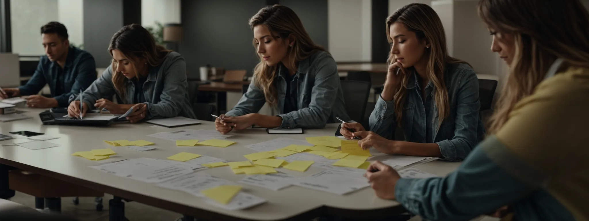 a digital marketing team brainstorming around a conference table with post-it notes and charts outlining voice search trends.