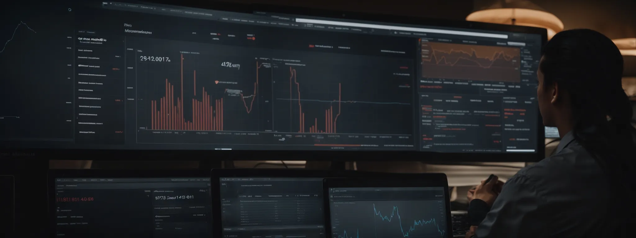 a digital marketing professional studies a dashboard with graphs and metrics that reflect website performance and seo trends on a large monitor.