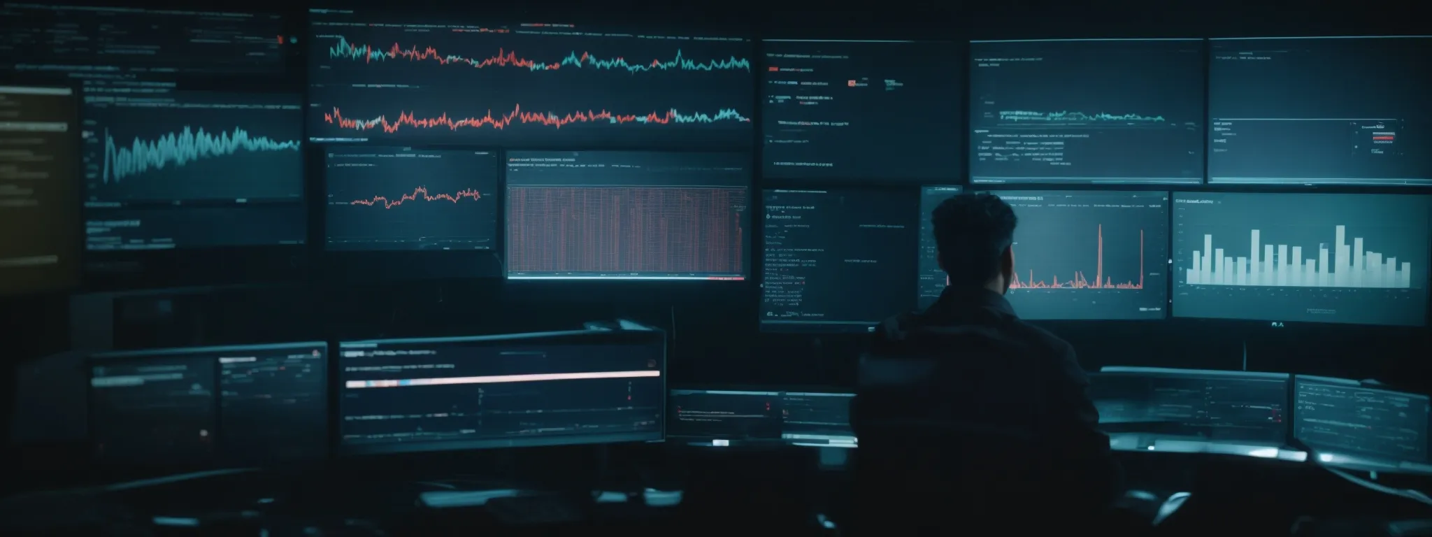 a person at a computer navigates a futuristic dashboard displaying trending search terms and data analytics projections.
