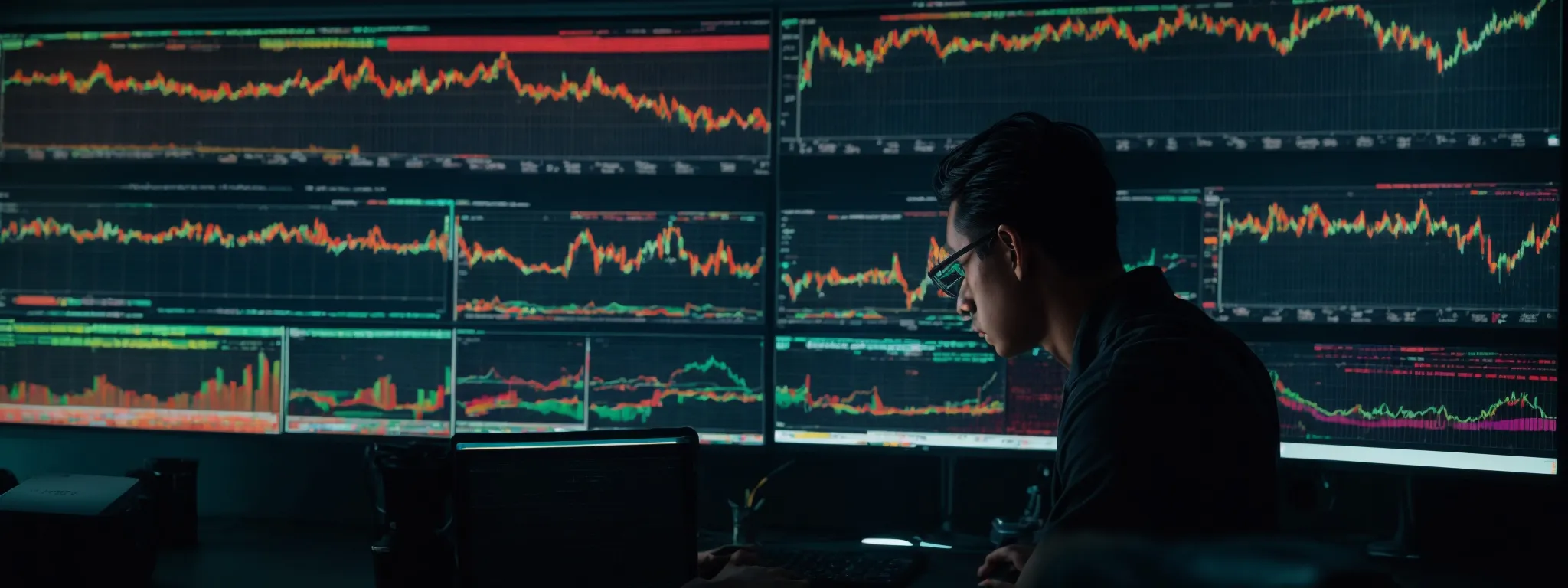 a freelancer intently examining a vibrant dashboard of analytics on a computer screen, reflecting the performance of their online services.