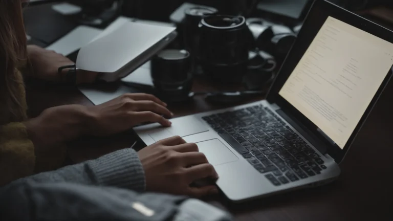 a person typing on a laptop with search engine results on the screen and a notepad beside it for jotting down ideas.