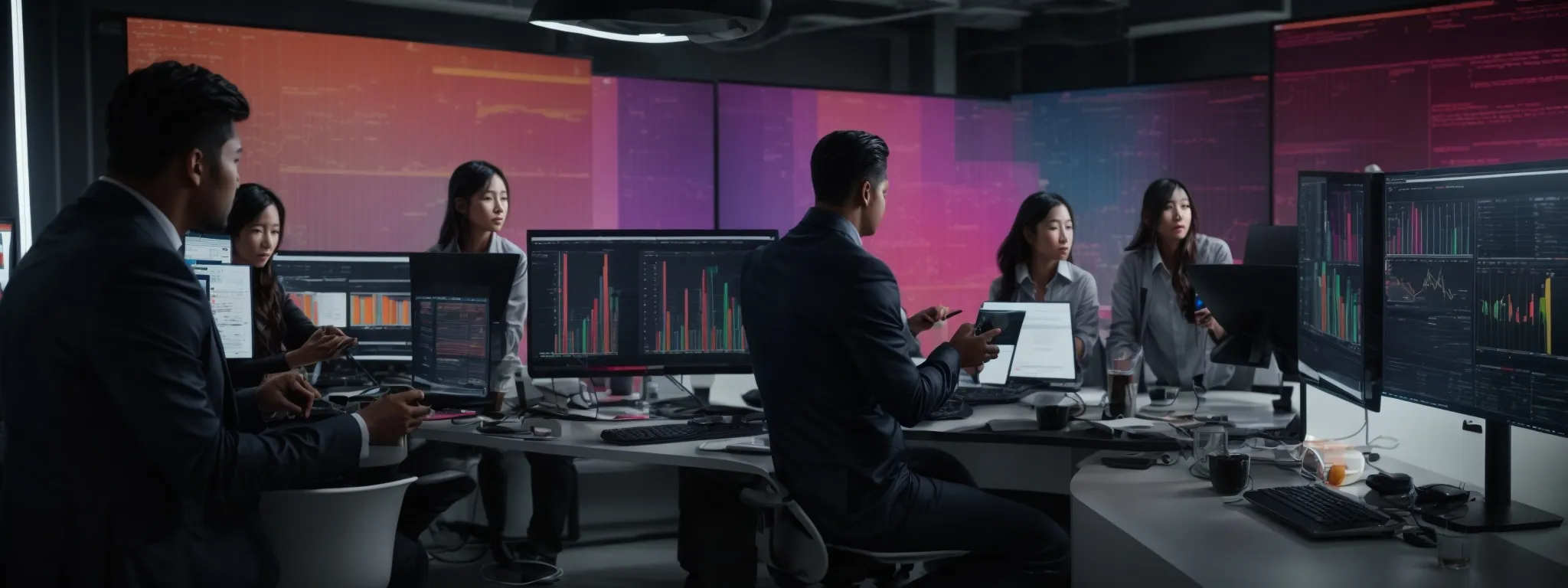 a modern digital marketing team discussing strategies around a large computer monitor displaying colorful data visualizations of keyword trends.