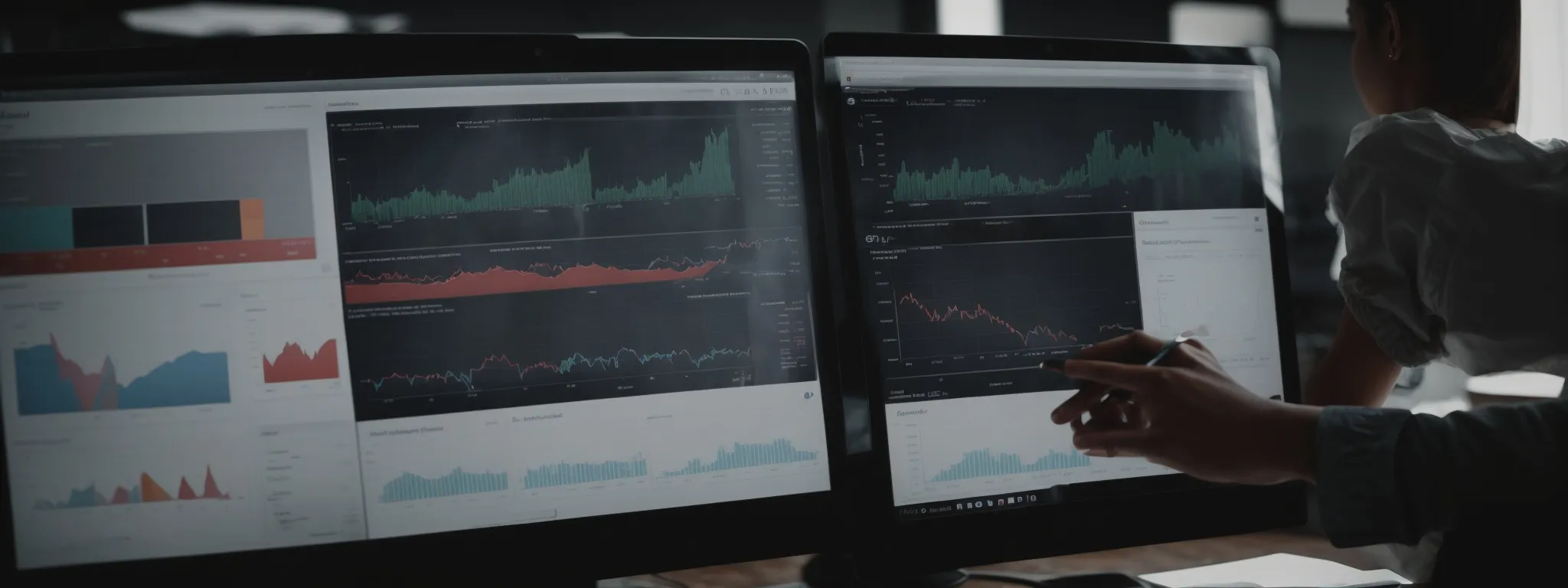 a person analyzing graphs and charts on a computer screen showing search engine rankings and analytics data.