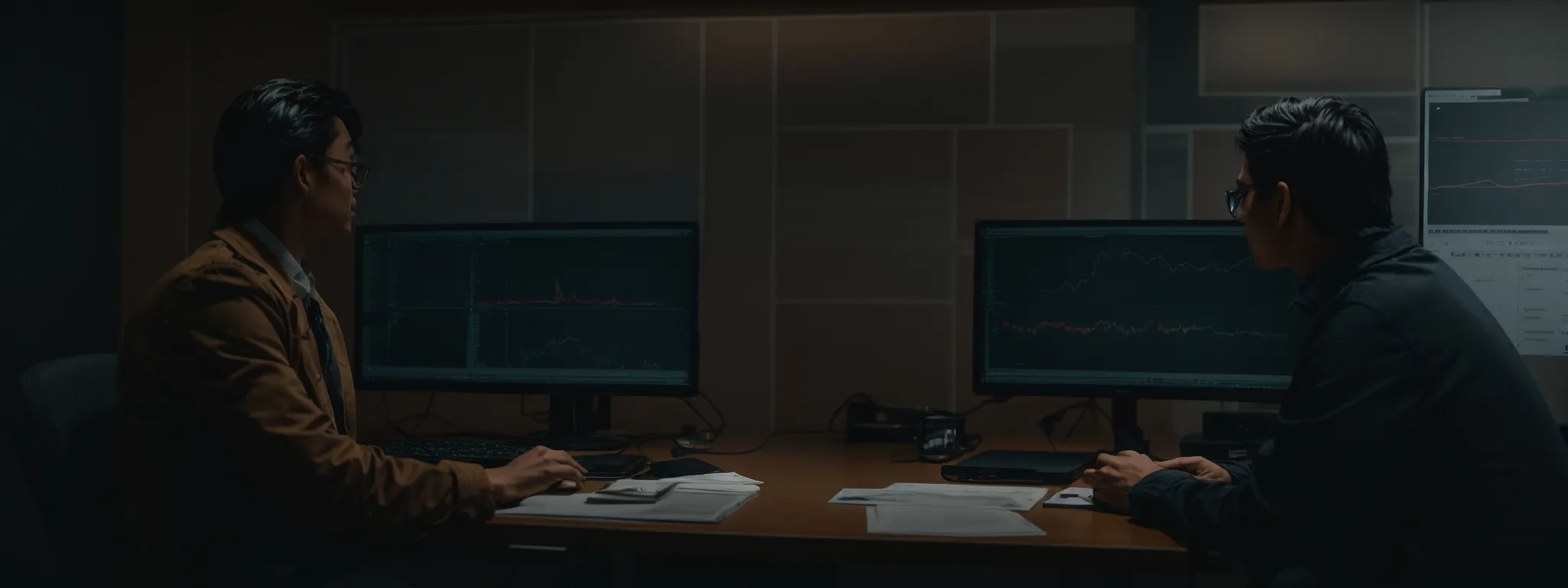 two people analyze data charts on a computer screen to assess different keyword research tools.