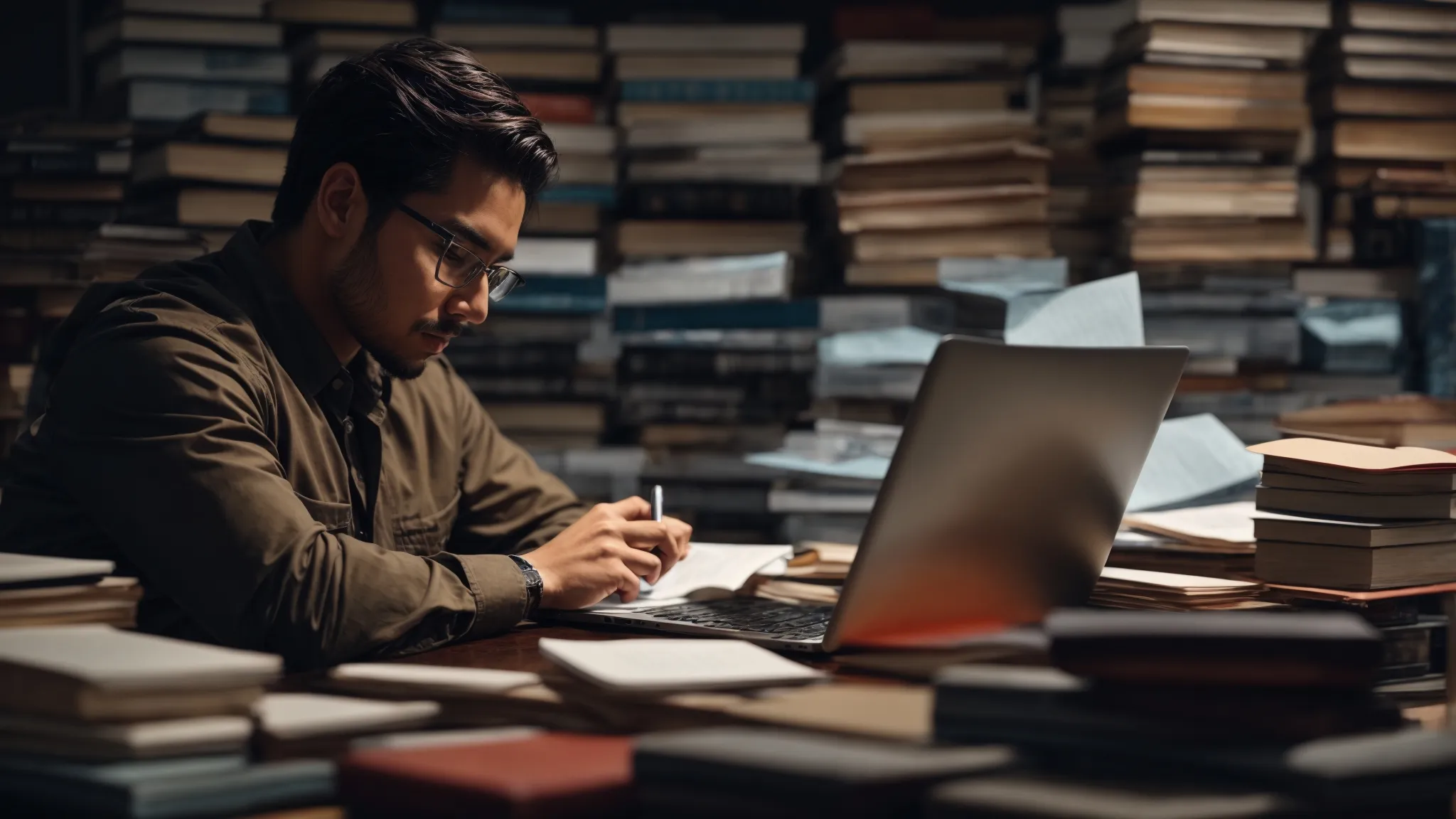 a focused individual working intently on a laptop surrounded by books and notes on seo and digital marketing.