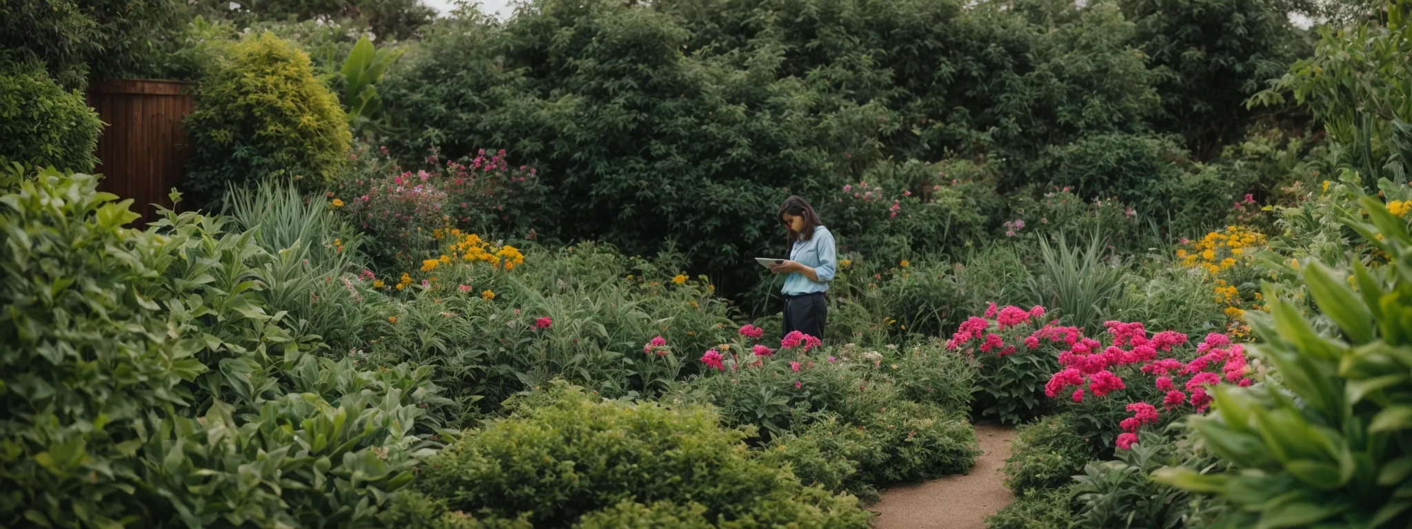a person contemplating a cluster of vibrant, labeled plants in a garden that symbolize different business concepts.