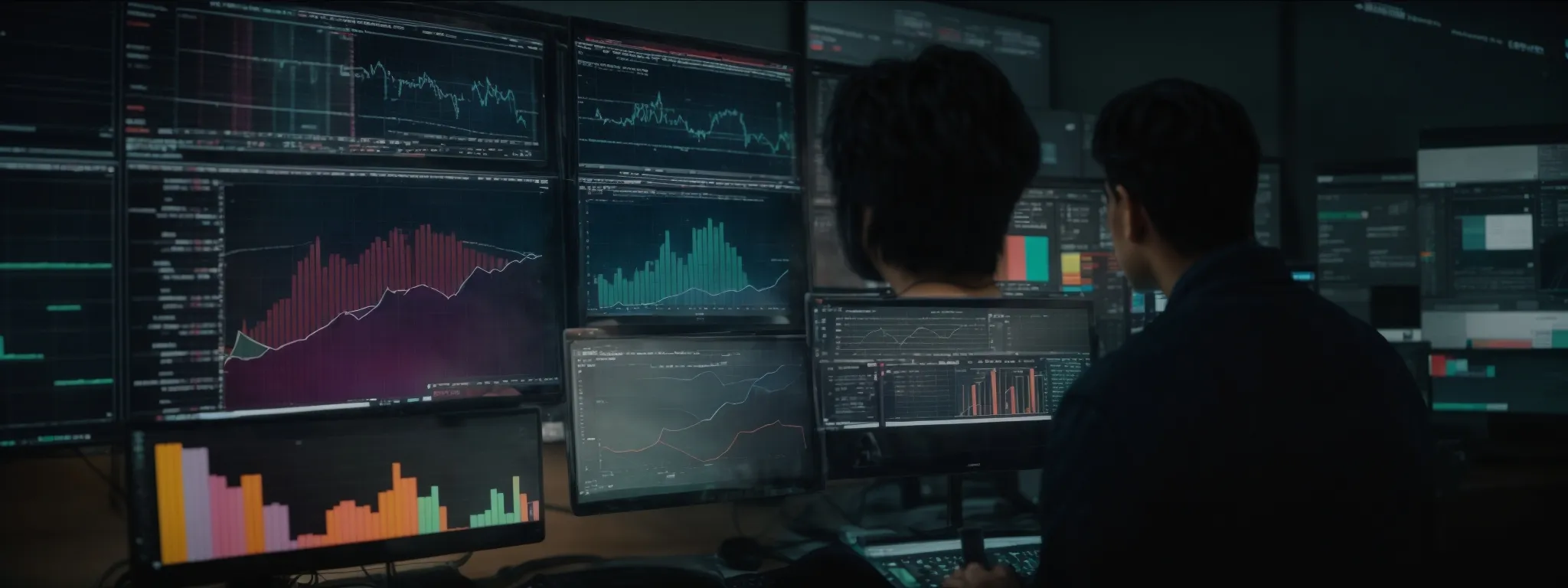a strategist intently scrutinizes a computer screen displaying colorful graphs and data analytics.