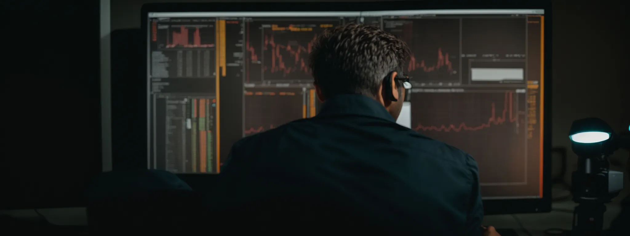 a blogger gazes intently at a computer screen with a complex analytics dashboard visible.