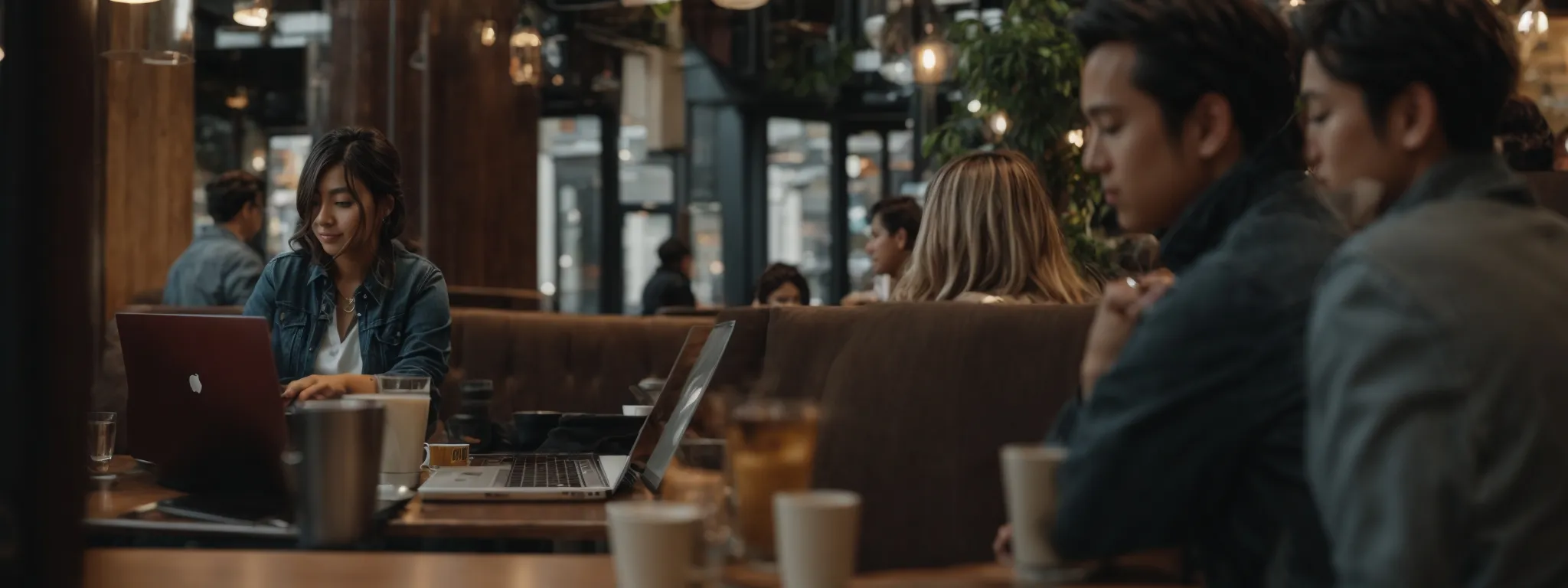 a person using a laptop at a cozy café in a bustling city center, symbolizing targeted online business strategies in an urban setting.