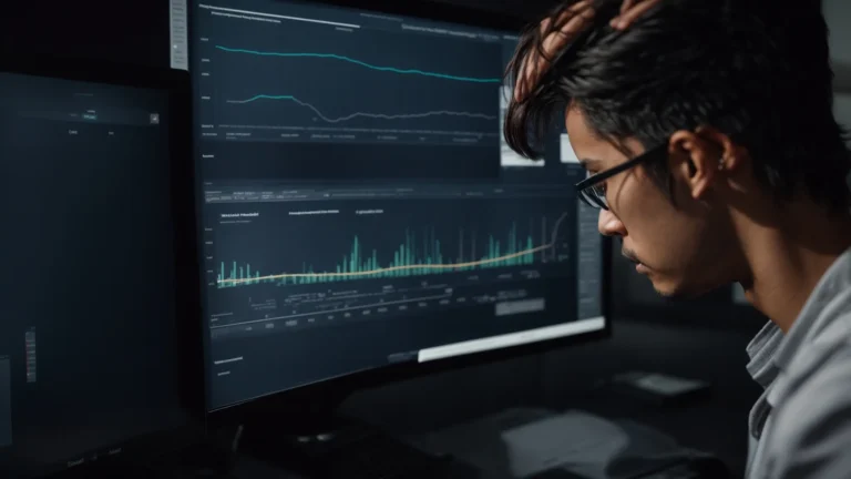 a person analyzing data charts on a computer screen showing search trends and keyword volume.