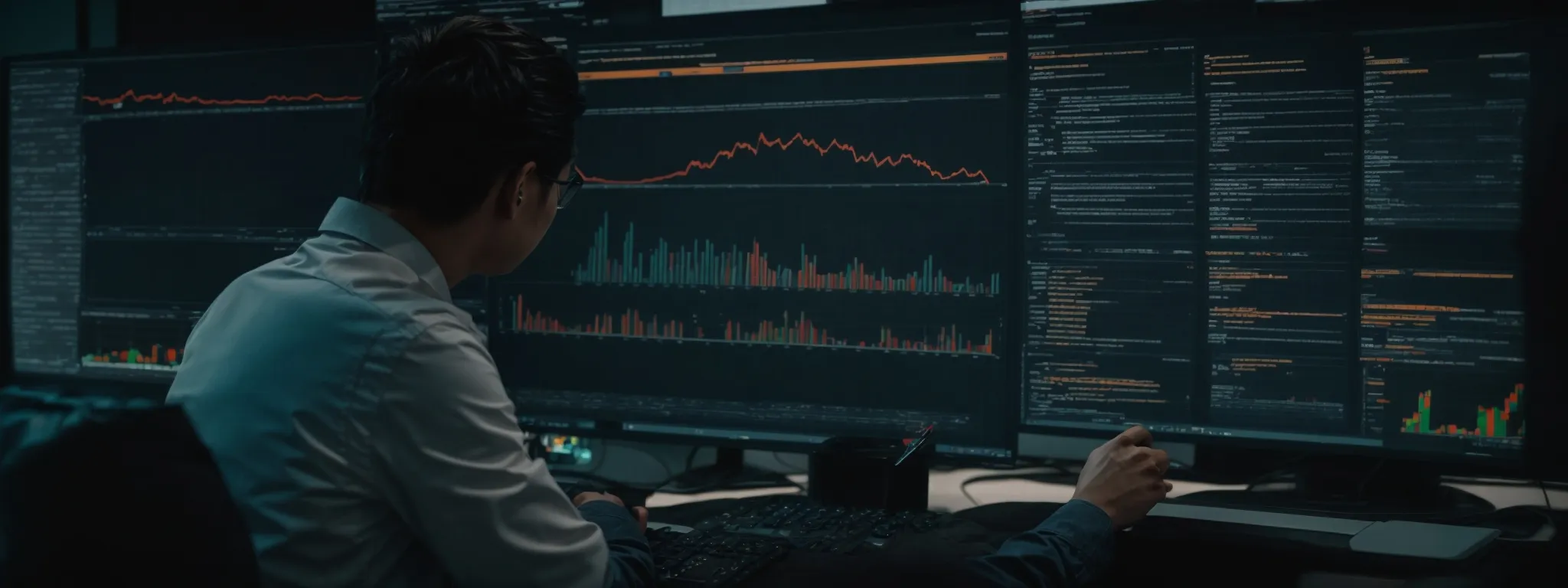 a person analyzing a complex data dashboard on a computer screen, reflecting a deep dive into seo strategies.