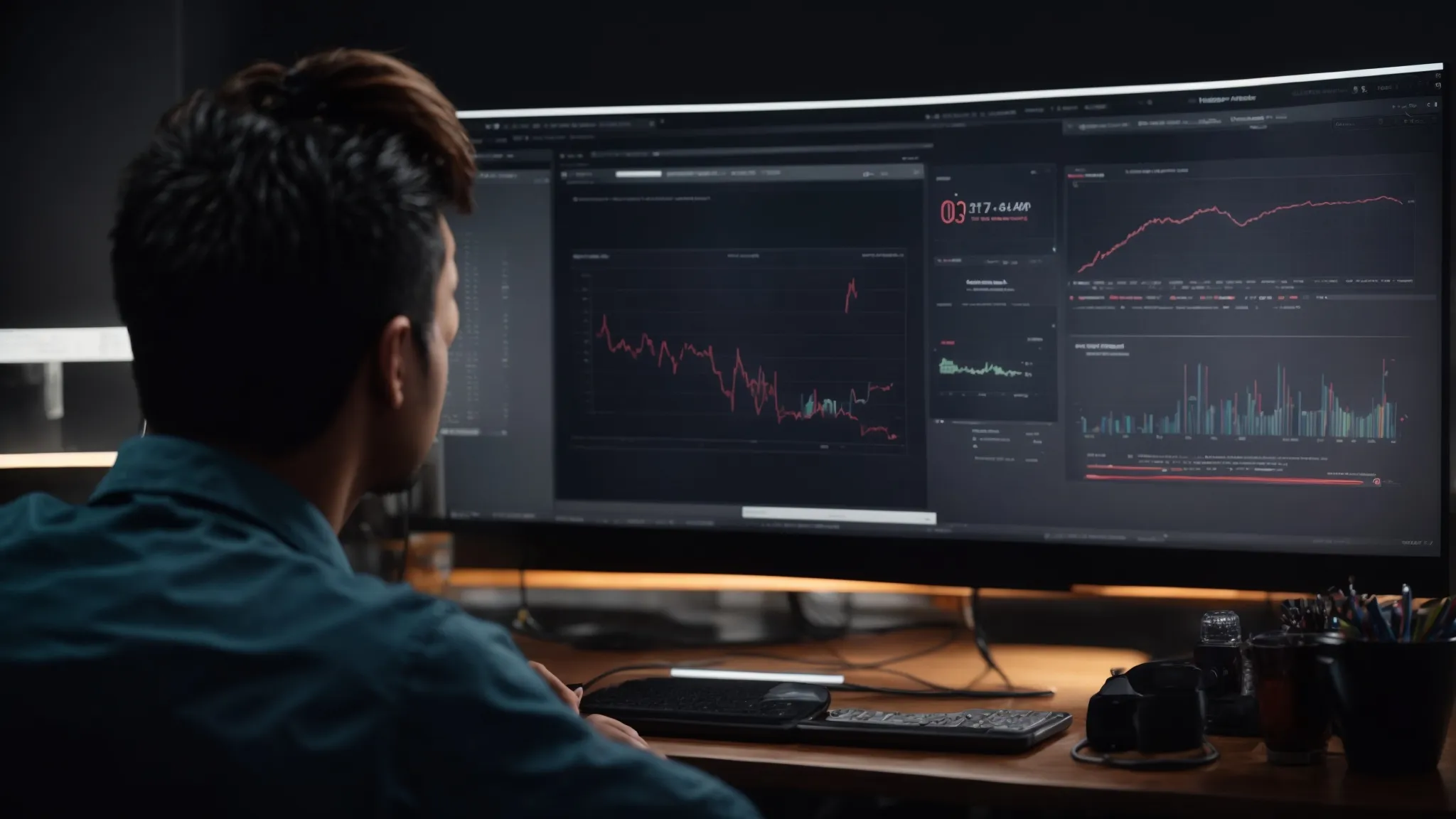 a marketer analyzing graphs on a computer screen, showcasing search volume trends and keyword insights.