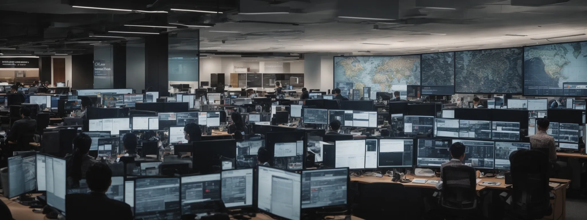 a bustling digital marketing office with screens displaying rising analytics and a central monitor showing a world map indicating global web traffic.