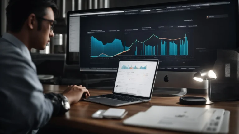 a person sits in front of a laptop screen displaying graphs and search trend analytics, highlighting the focus on seo strategy development.