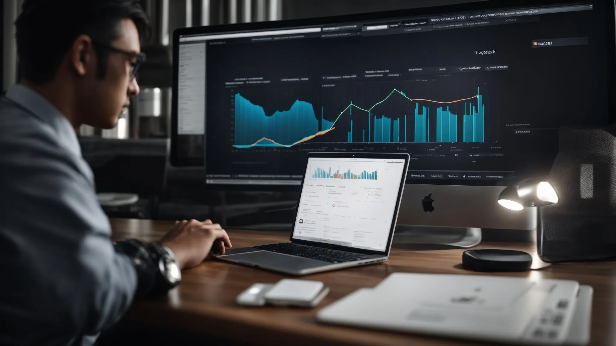 a person sits in front of a laptop screen displaying graphs and search trend analytics, highlighting the focus on seo strategy development.