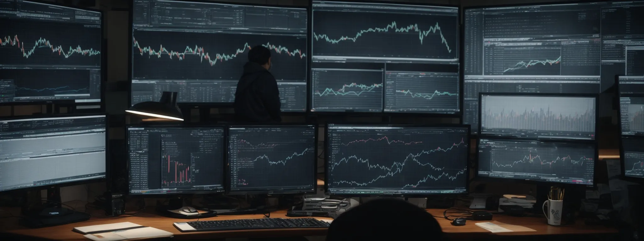 a person sitting at a desk with multiple monitor displays showing graphs and data analyses, reflecting an optimized keyword research workflow.