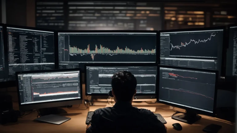 a person sits in front of a computer with multiple browser tabs open, analyzing extensive keyword data charts on a large monitor.