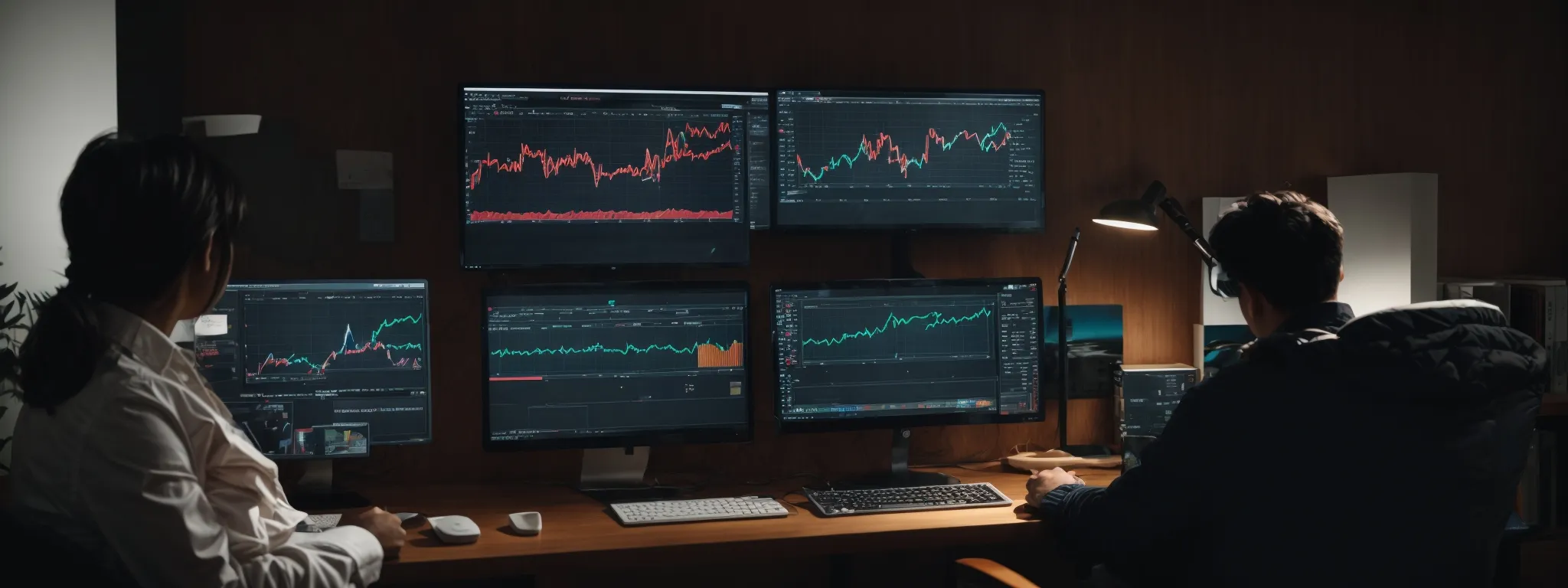 a person sits at a desk with a computer screen displaying colorful analytics graphs, fully engaged in a digital marketing strategy session.