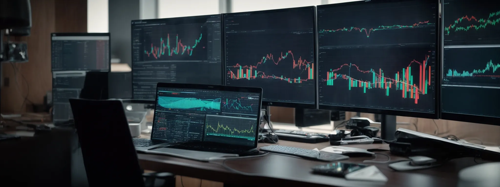 a person sits at a modern desk, intensely focused on a large computer screen displaying colorful data analytics graphs and charts.