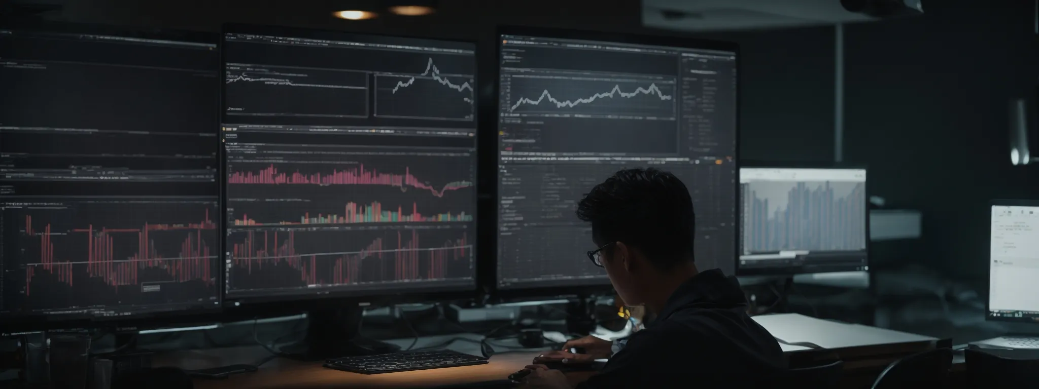 a person working on a laptop, analyzing complex seo data displayed in organized graphs and tables on the screen.