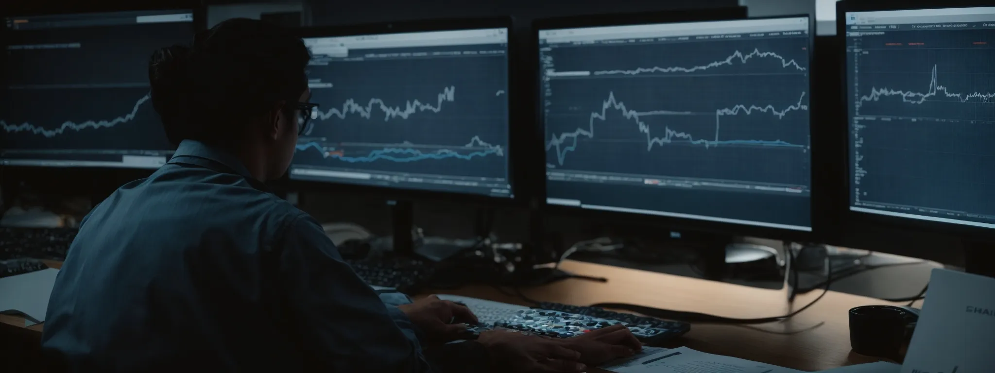 a person sitting at a computer with graphs on the screen, deep in analysis of seo strategies.