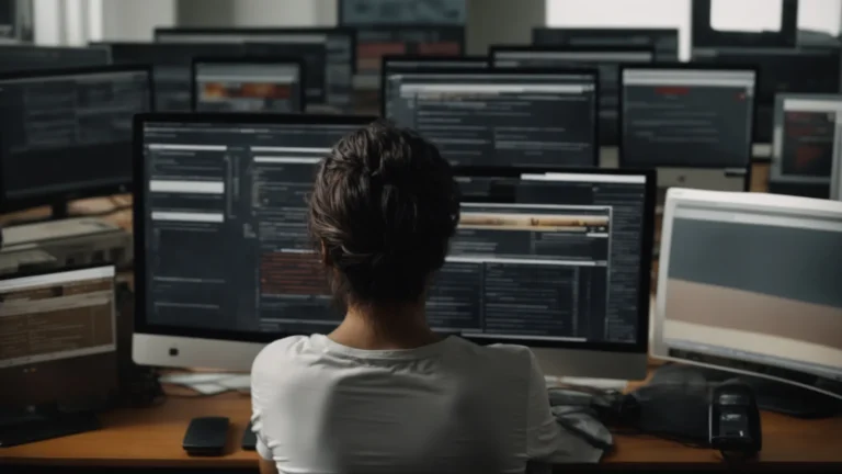 a person sitting in front of a computer with multiple search engine results displayed on the screen.