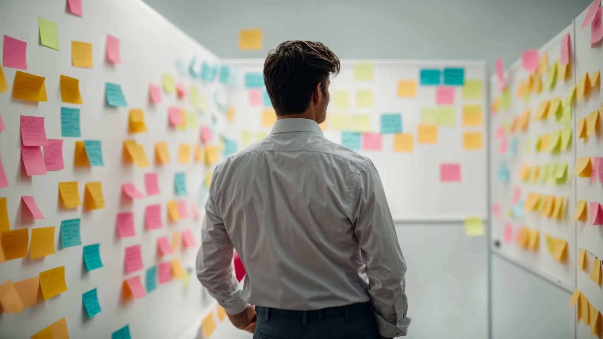 a person standing before a large whiteboard, intensely analyzing and rearranging colorful sticky notes.