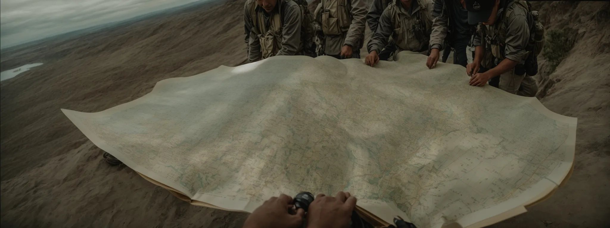 a panoramic view of explorers looking over a vast, uncharted map with a compass in hand.