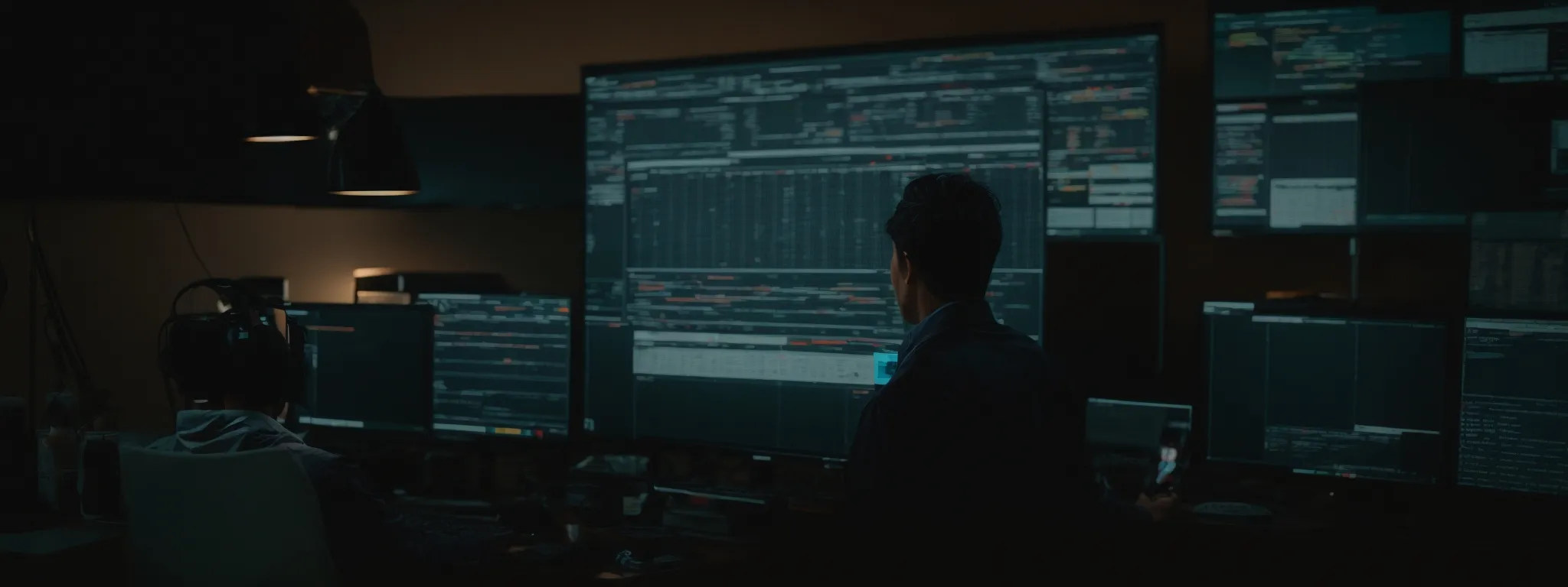 a marketer reviews data analytics on a computer screen, strategizing a keyword campaign.