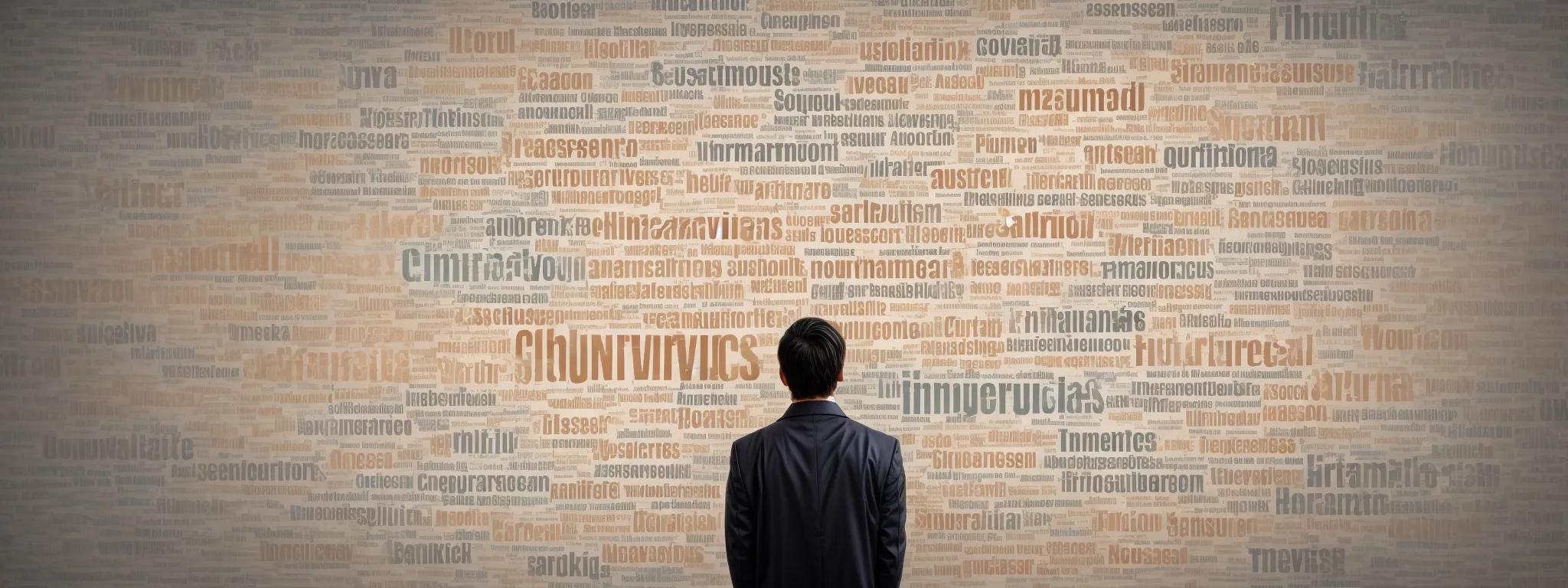 a person examines a large, interactive word cloud with diverse questions and search terms floating around a central topic.