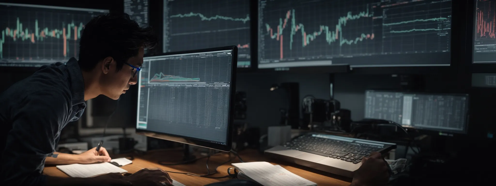 a focused individual analyzes graphs and data on a computer screen, deeply engrossed in digital marketing analytics.