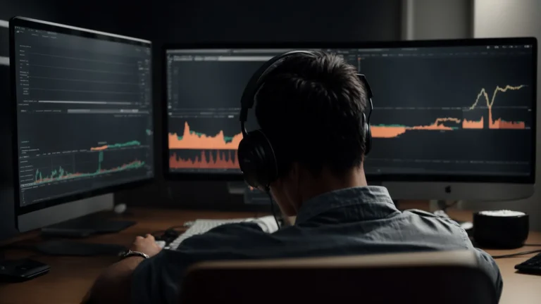 a person analyzing a graph on a computer while headphones rest on the desk, symbolizing video content planning for youtube shorts.