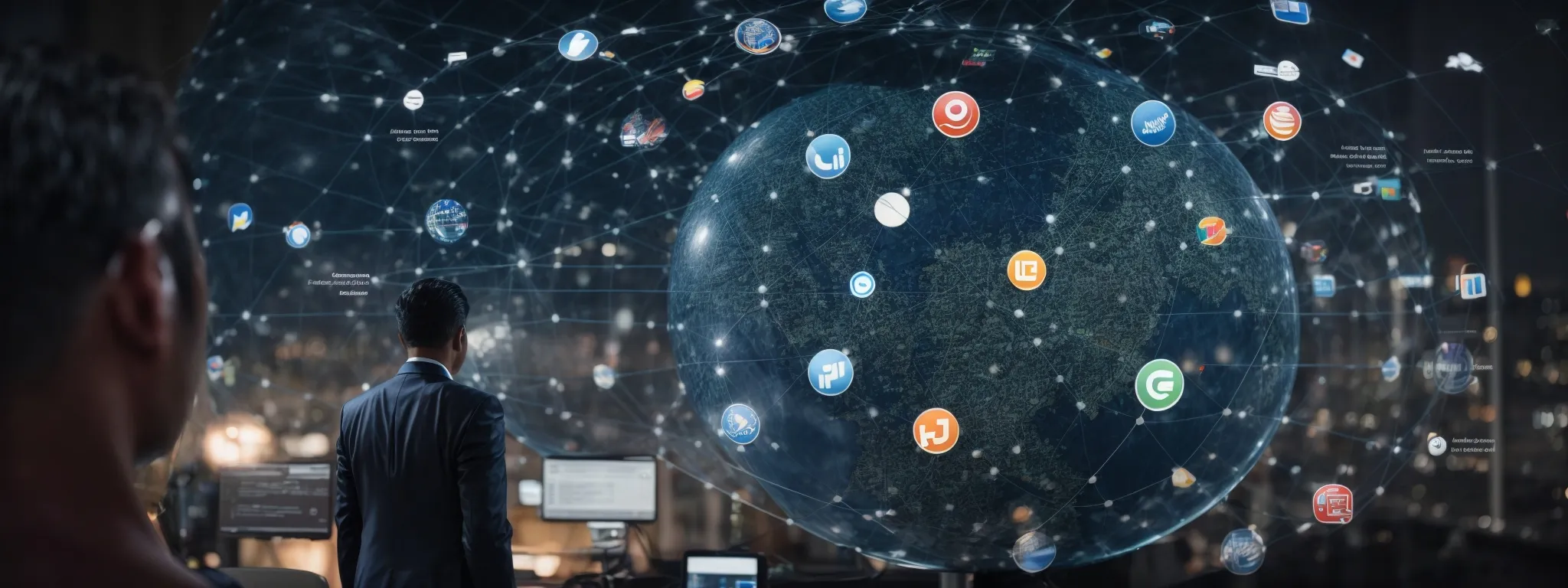 a businessman analyzing a large, interactive globe dotted with various social media and web icons representing a vast keyword research and strategy network.