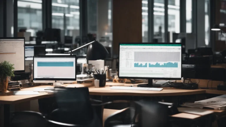 a person sits at a bright workspace, examining a large spreadsheet on a computer screen filled with various keywords and traffic data.