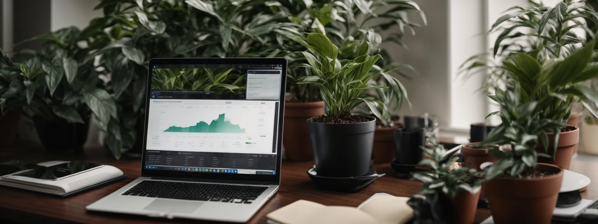 a laptop open on a clean desk showing an analytics dashboard next to a potted plant.
