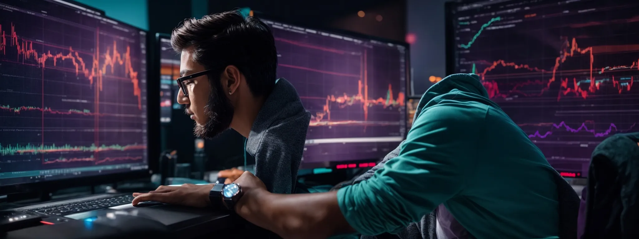a blogger analyzing data on computer screens displaying colorful seo metrics and trend graphs.