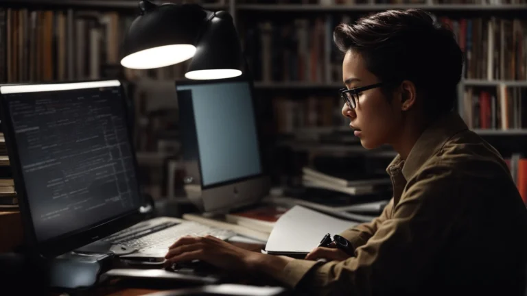 a focused individual intensely analyzing data on a computer screen, surrounded by books and a notepad.