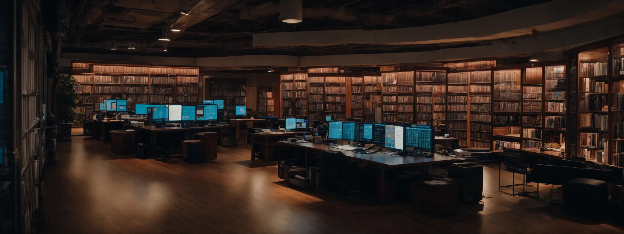 a panoramic view of a dimly lit library with an array of computer screens showing colorful graphs and data analytics.