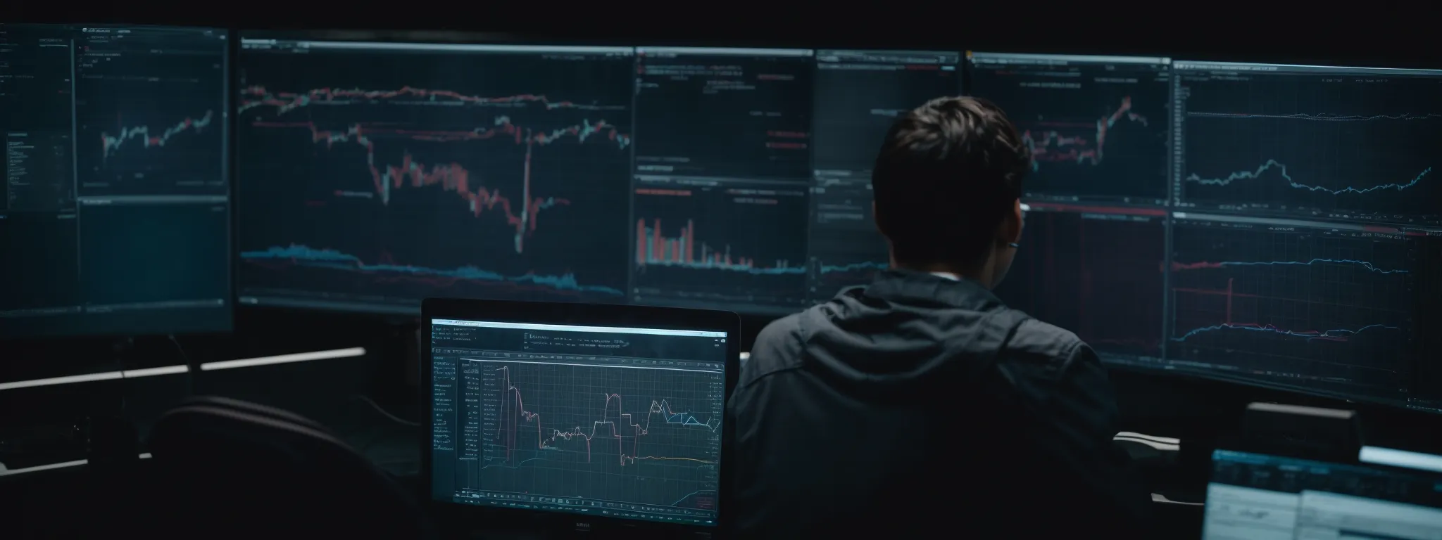 a person intensely analyzing data on a computer with multiple seo strategy charts and graphs on the screen.