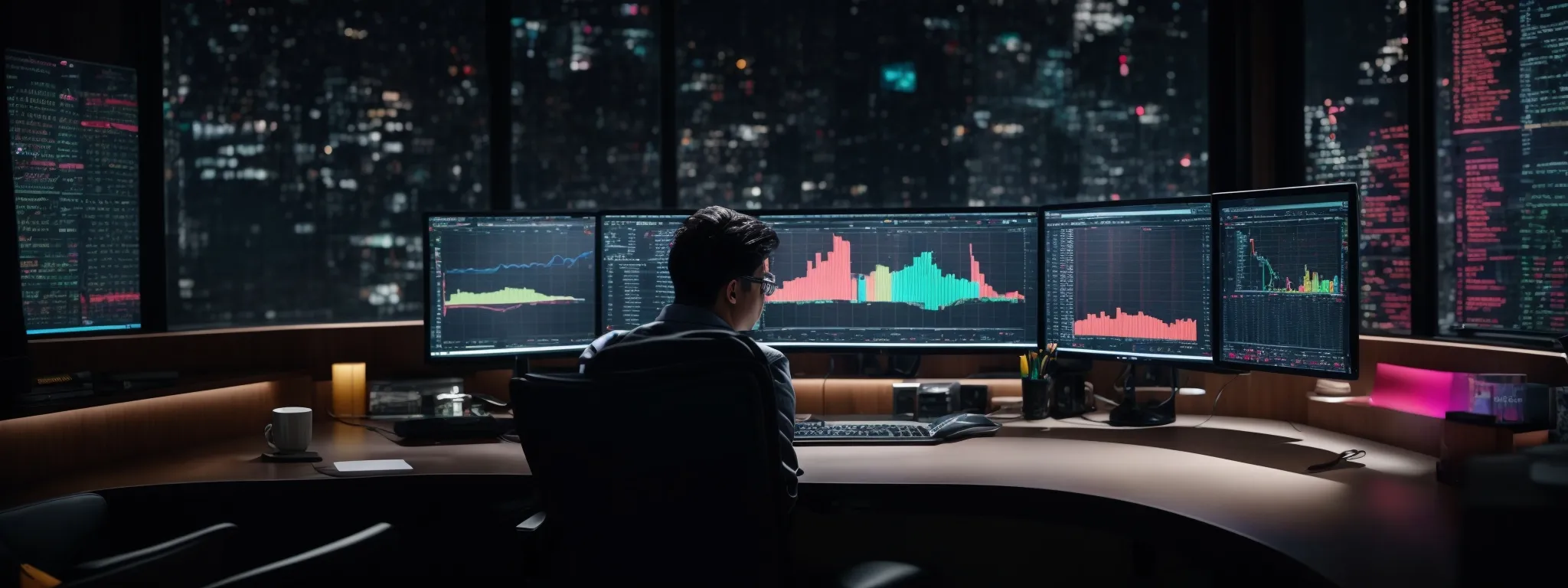 a person sitting at a modern desk with dual computer monitors displaying colorful data analytics graphs, in a well-lit office environment.