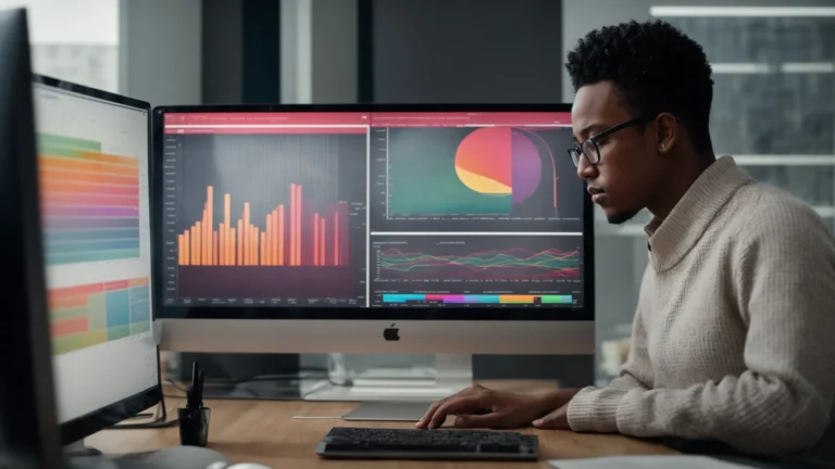 a person sits in front of a computer screen displaying colorful graphs and keyword analytics on a clean, organized desk.