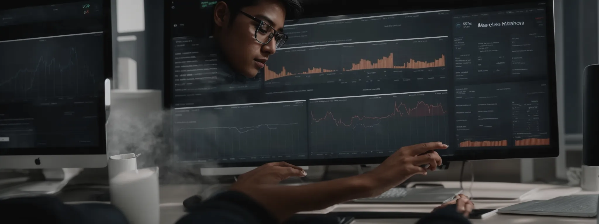 a digital marketer reviews graphs on a computer dashboard showing keyword performance and financial metrics.