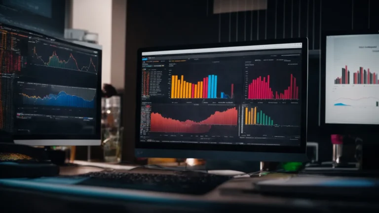 a person sits in front of a computer, analyzing colorful graphs and charts that represent keyword data trends and search volumes.