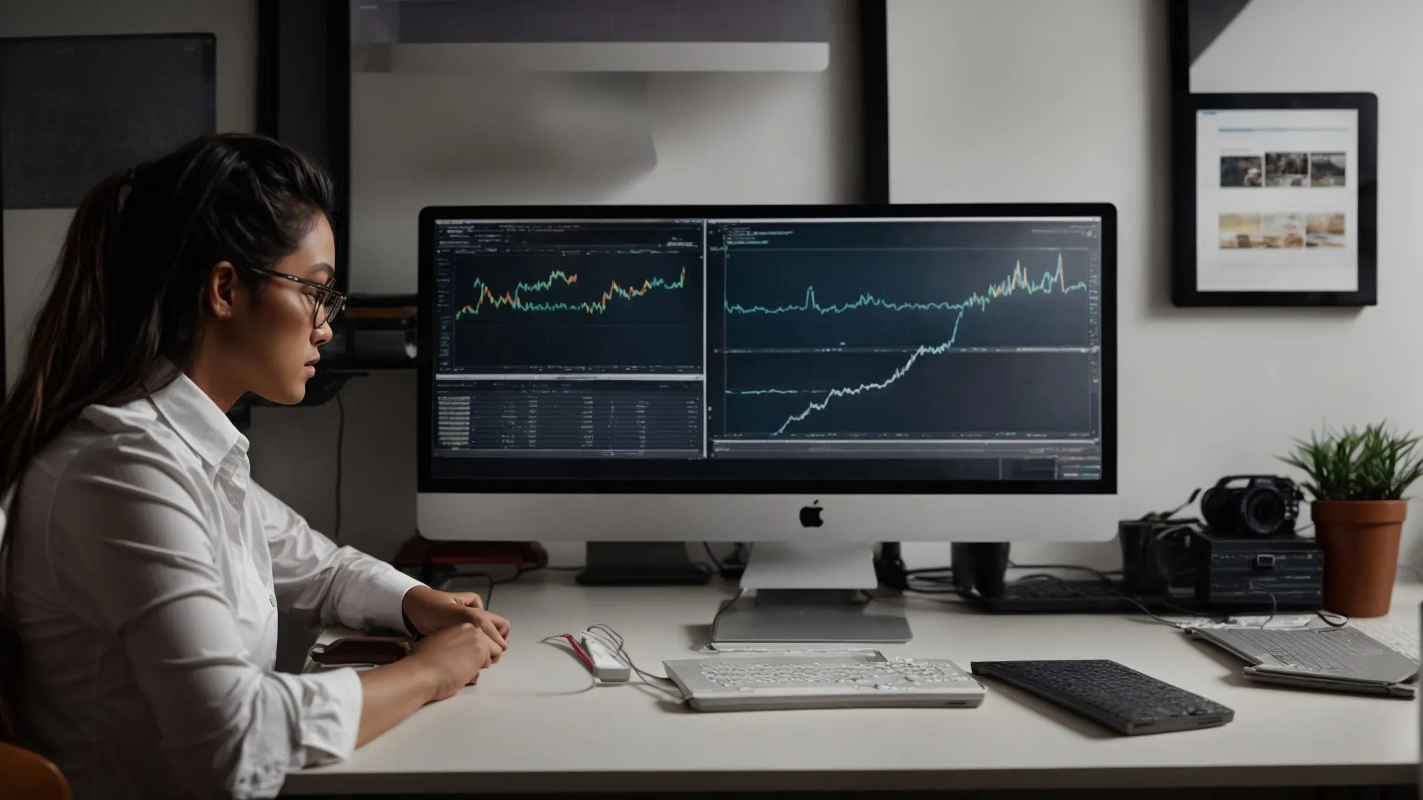 a person analyzing charts and graphs on a computer screen in a home office setting.
