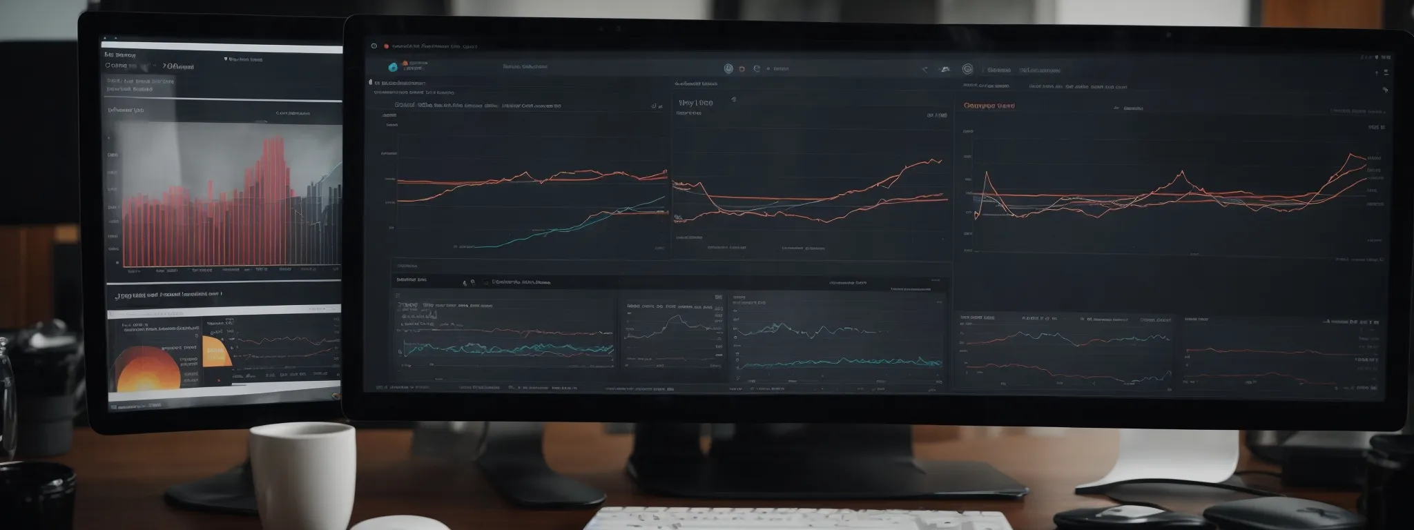 a computer screen displays real-time seo analytics graphs while a user manages automated keyword tracking on searchatlas software.