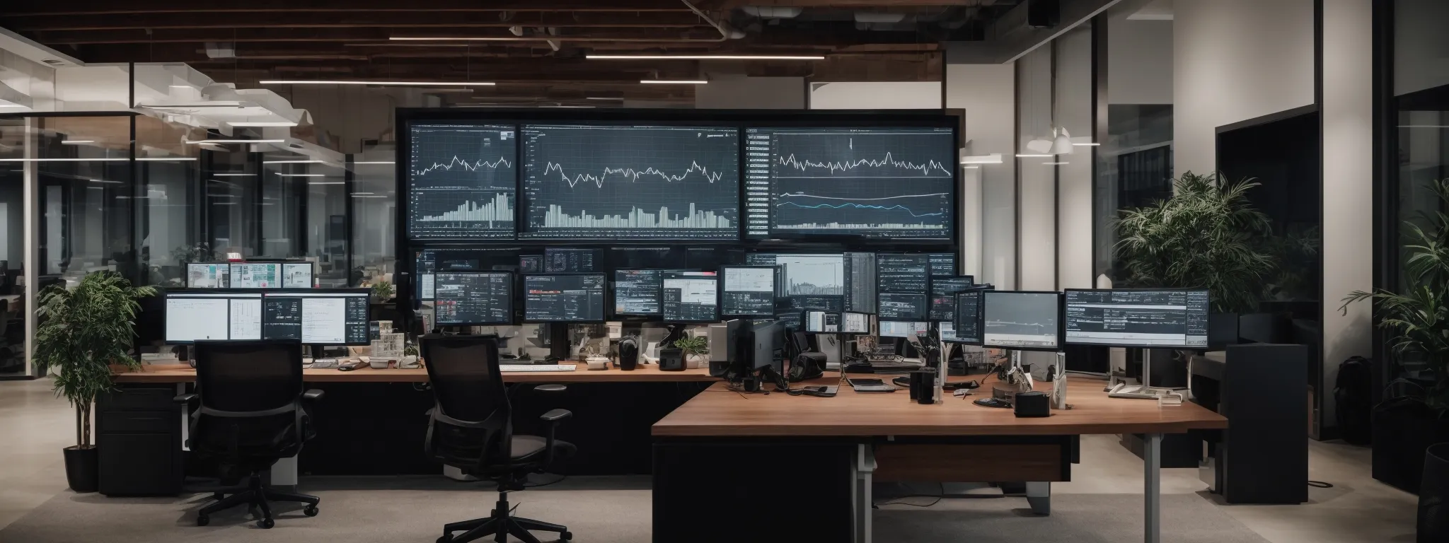 a modern office with a large, interactive display showing analytics and trend graphs for seo strategies.