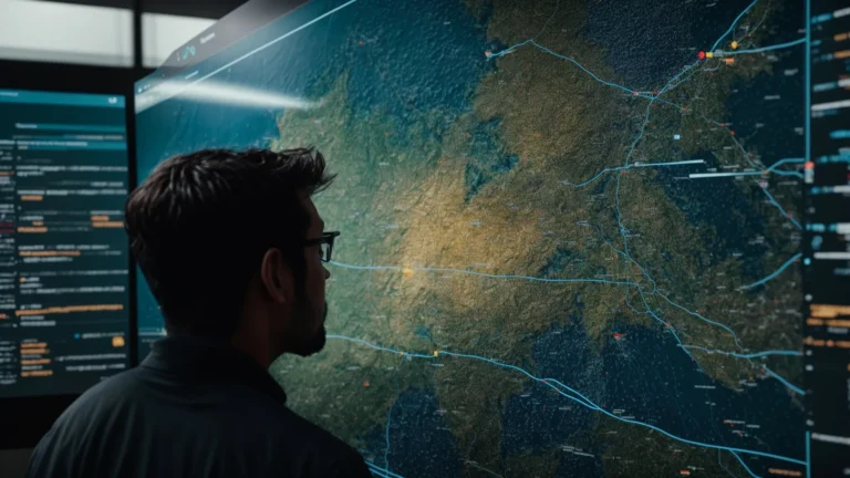 a researcher gazes at a colossal digital map on a screen, pinpointing vibrant clusters of search terms.