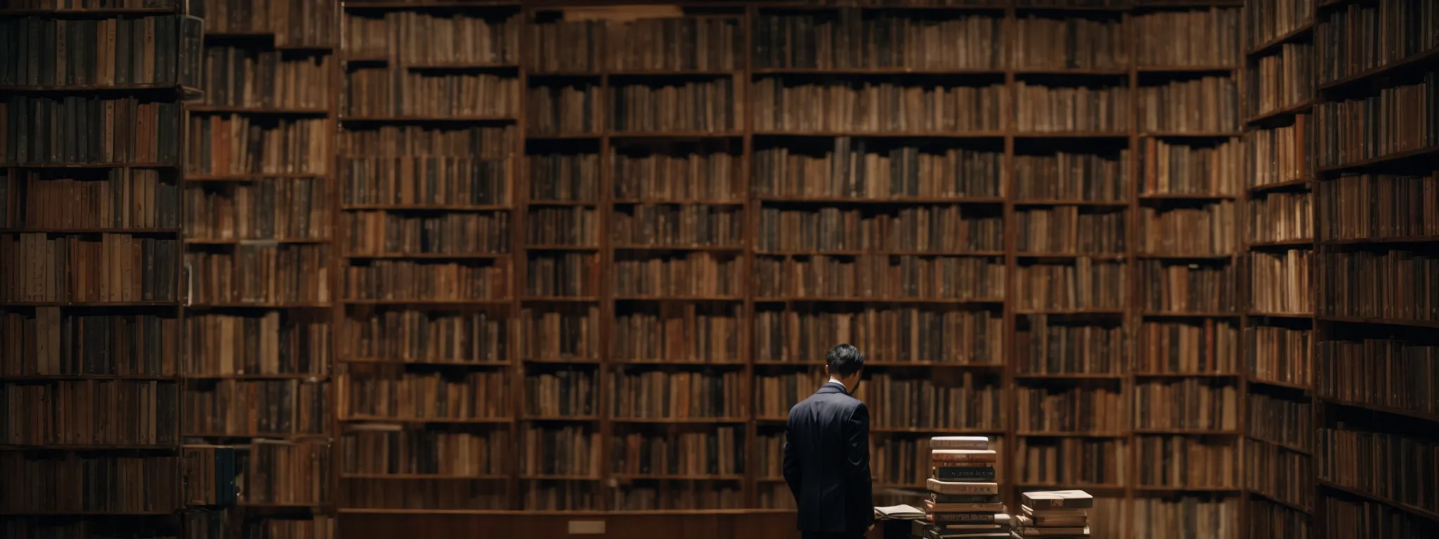 a person stands before a vast library, selecting a book that symbolizes their unique keyword from shelves filled with endless possibilities.